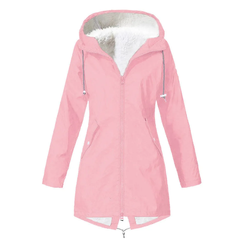 Женский ветрозащитный водонепроницаемый меховой дождевик из флока для улицы, толстый размера плюс 5XL плюс бархатная куртка с капюшоном, зимняя куртка, меховое пальто - Цвет: Розовый