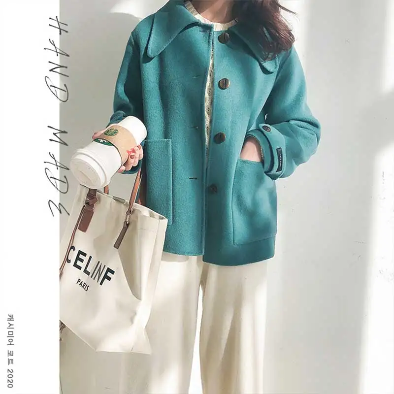 

Women's Spring Winter Hand Made Two-sided 100% Wool Coat Short Turquoise Cashmere Coat Big Pocket