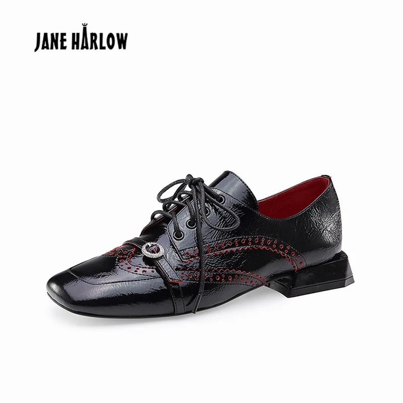 

JANE HARLOW flat shoes Leather Lace-Up Square heel Sewing thread Genuine Leather designer shoes Easy to wear flat shoes