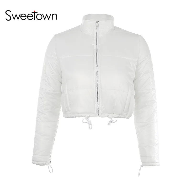 Sweetown, зимнее Модное теплое Женское пальто, куртки на молнии, водолазка, укороченная куртка, топ, одноцветные карманы, Женская парка, осенние пальто - Цвет: white