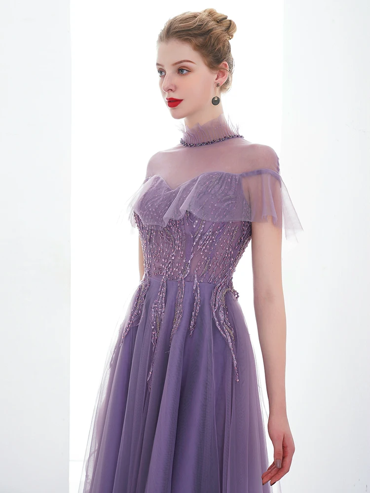 SSYFashion Новое Фиолетовое длинное вечернее платье, для банкета элегантная женская обувь на высоких каблуках с круглым вырезом развертки поезд с аппликацией из блесток Формальное вечернее платье Vestido De Noche