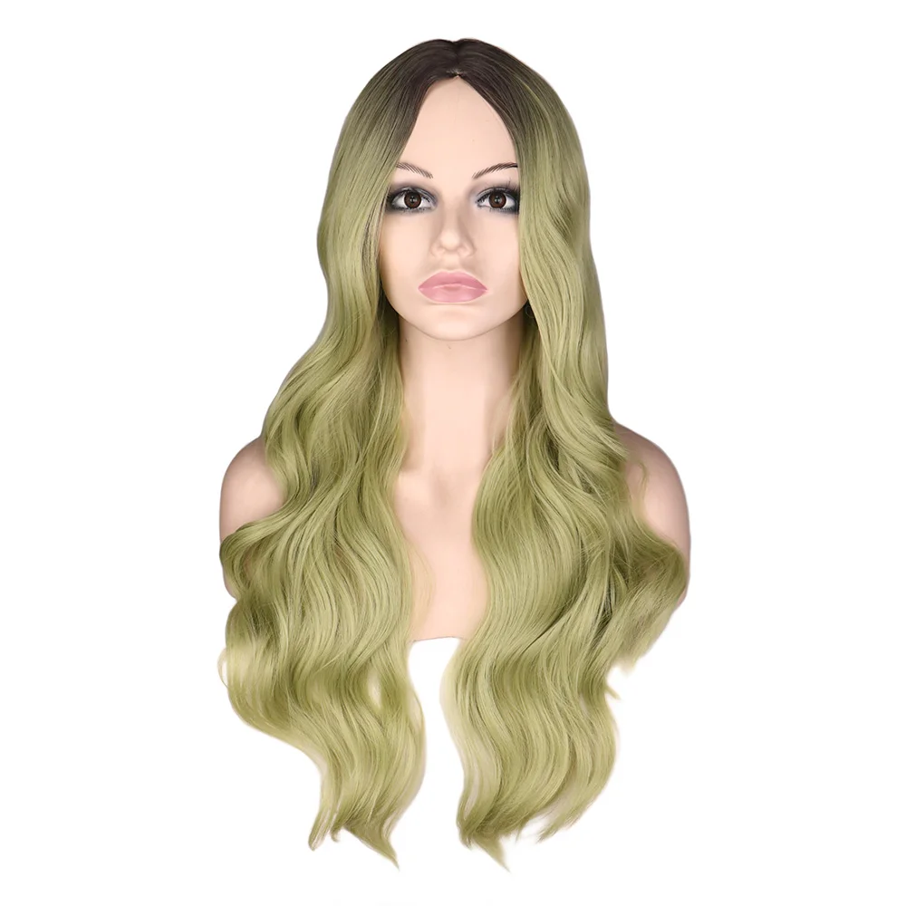 QQXCAIW Long Natural Wavy Wig For Women Black Ombre mixed green Hair Middle Part Heat Resistant Synthetic Hair Wigs Cosplay