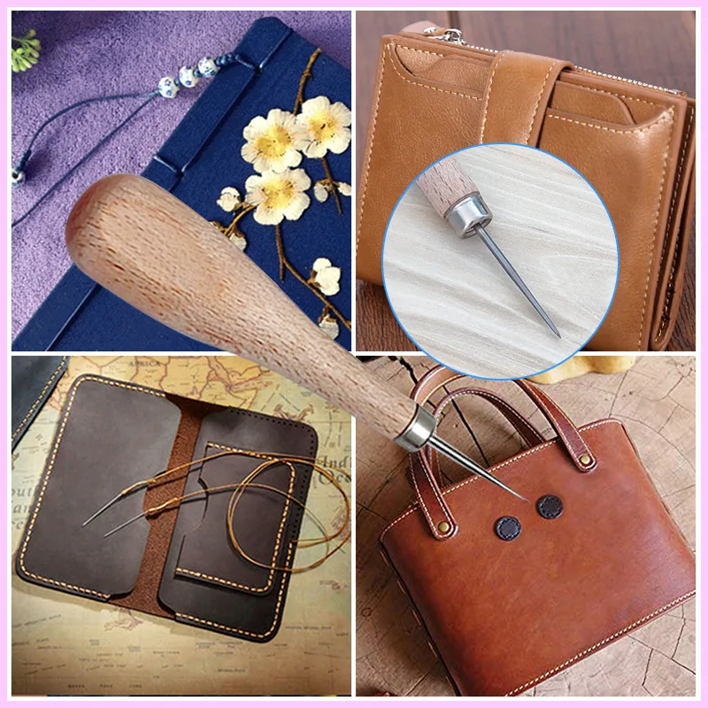 1pcs Leather Craft Wooden Diamond Rhombus handle Awl DIY Leather Stitching Sewing Punch Tool