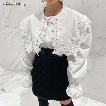 

WHITNEY WANG Blouses 2020 Spring Fashion Streetwear Korea Style Lace Edging Big Collar Blouse Women Blusas Lady Shirt Top