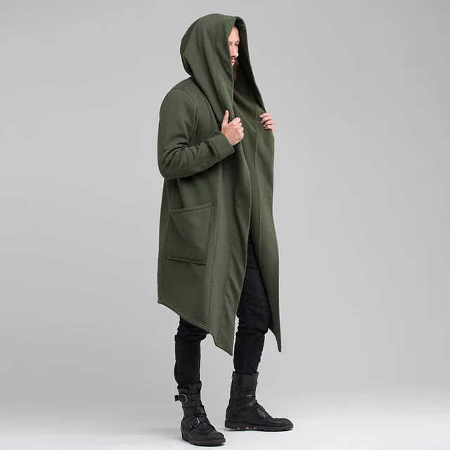 YESMOLA Men's Coat Warm Long Cardigan Cloak Coat Hooded Sweater Hip Hop Mantle Hoodies 2021 Autumn Winter Solid Sweatshirts green