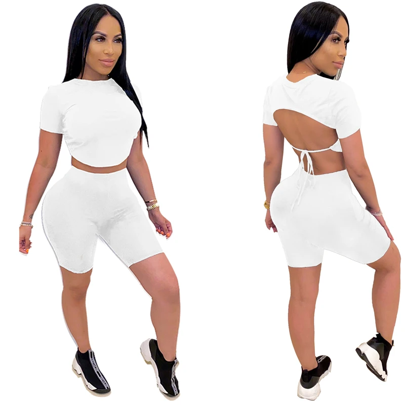 Adogirl Backless Lace Up Solid Two Piece Set 2020 Summer Trendy Short Sleeve T Shirt Crop Top Shorts Women Tracksuit Home Suits