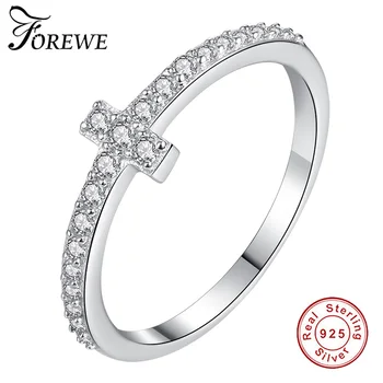 

FOREWE 100% Pure 925 Sterling Silver Belief Cross Finger Rings With Zirconia Stone For Women Party Gift Jewelry