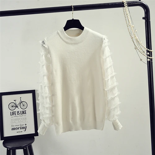 white pullovers Neploe, весенне-осенний свободный джемпер, модный кружевной свитер с рукавами-фонариками, пуловер, Женский вязаный пуловер, женская одежда, Свитера 91191 - Цвет: white pullovers