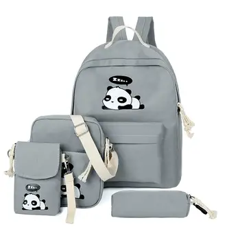 

4pcs/Set Canvas Women Backpack Girls Cute Panda Print Student School Backpack Shoulder Teenagers Book Bagpack Mochila Feminina