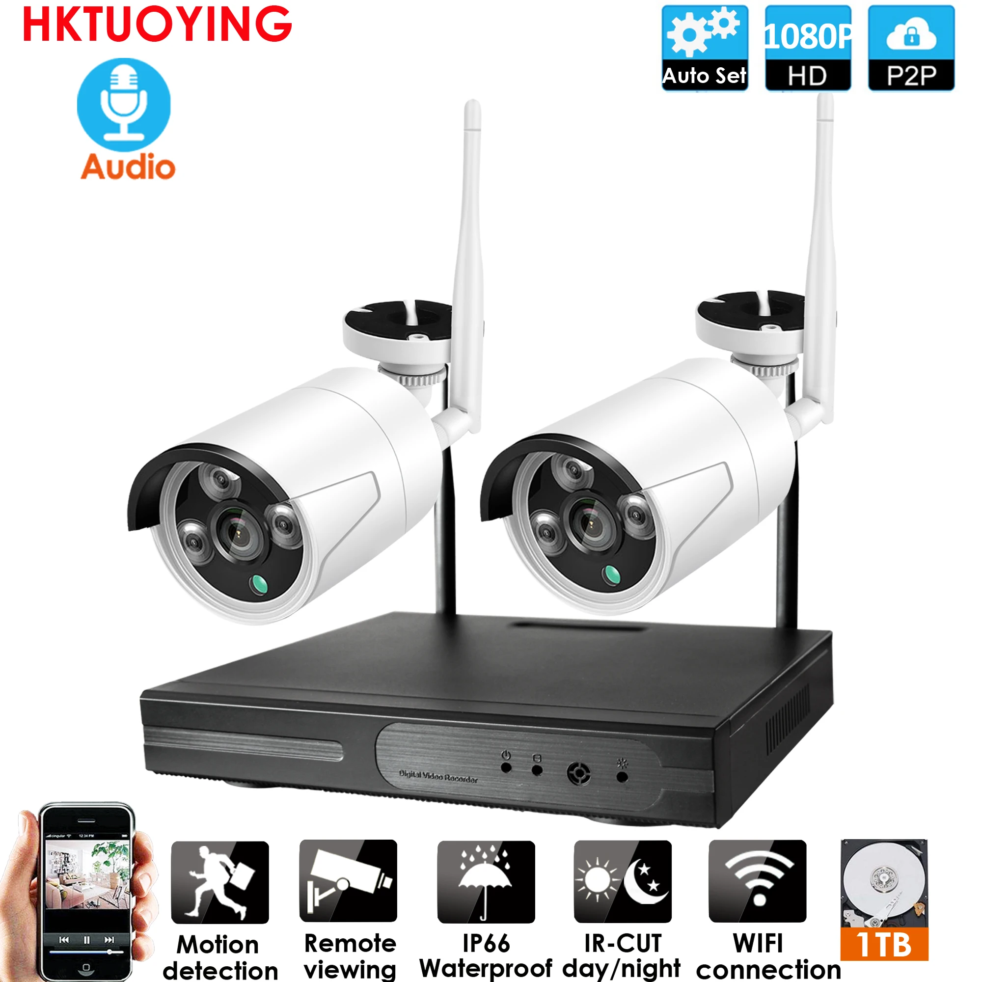 2CH 1080P Audio HD Wireless NVR Kit P2P 1080P Indoor Outdoor Visione Notturna di IR di Sicurezza 2.