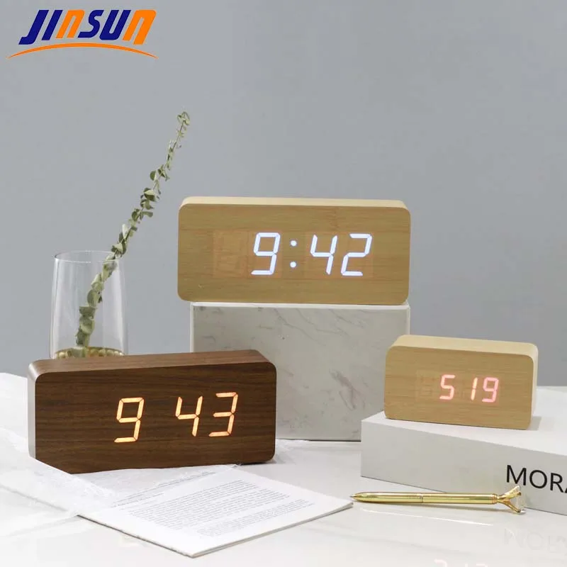 JINSUN Multicolor LED Alarm Clock Wooden Sound Control Electronic Table Digital Clock Despertador