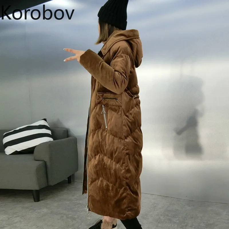 

Korobov Long Winter Coat Women 2019 New Gold Velvet Long Sleeve Warm Parkas Korean Hooded Pockets Jackets Mujert 79042