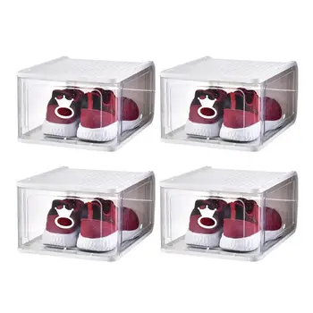 

4PCS Detachable Shoes Boxes Transparent Stackable Plastic Container Dustproof Shoes Organizer For Home (Large Size, White)
