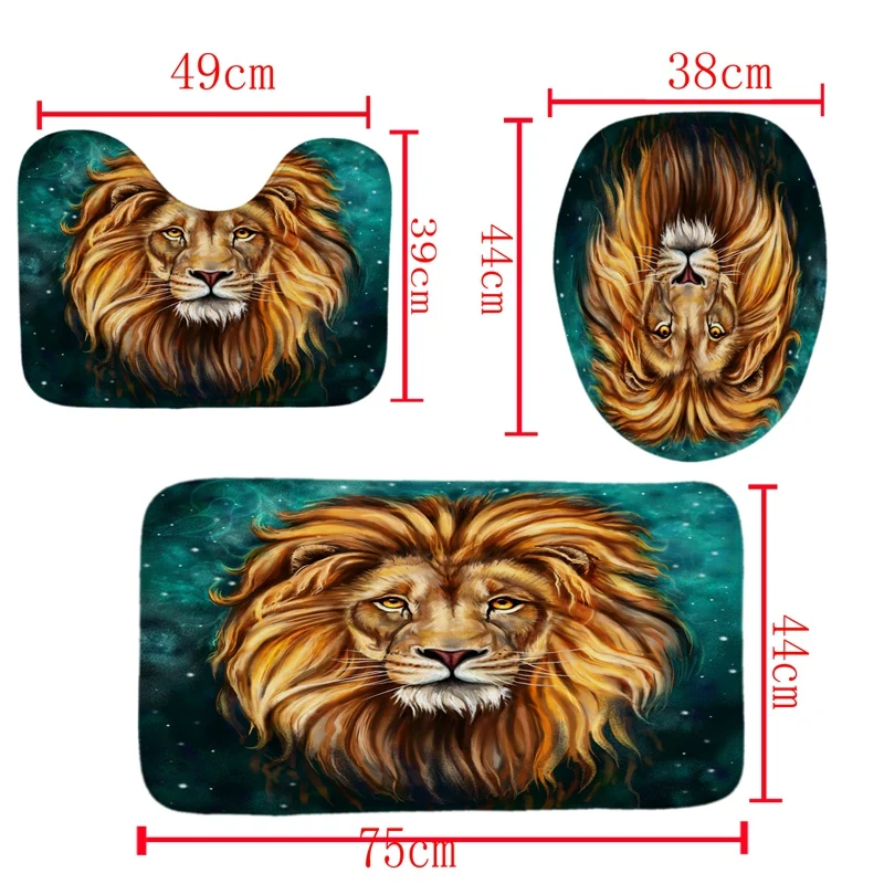 4Pcs Home Bathroom Decor Set Bathroom Lion Head Pattern Toilet Seat Cover Bath Mat Set+ Waterproof Shower Curtain