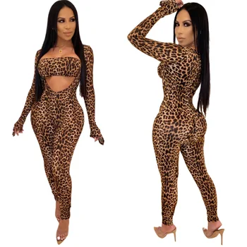 

Autumn Winter Women Two Piece Set Top and Pants Plus Size Tracksuit Sweatsuit Outfit Leopard Print Strapless Top Jumpsuit Outfit