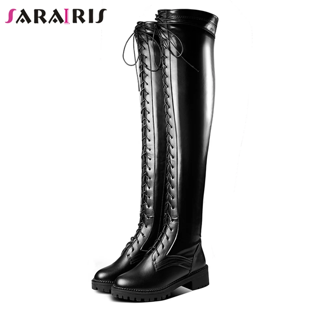 

SARAIRIS 2020 Spring New 33-50 Female Fashion lace-up Thigh High Boots Med Heel Boots Women Elegant Over Knee Shoes Woman