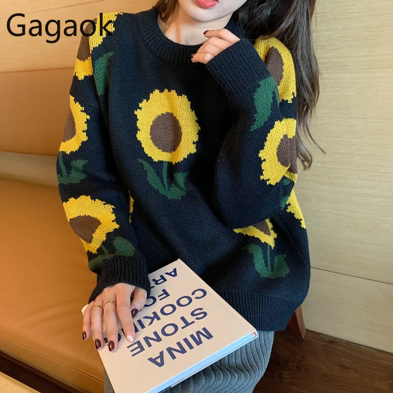 Gagaok Женский вязаный офисный женский модный свитер круглый вырез цветочный Свободный Повседневный Harajuku дикий женский корейский стиль пуловер Топы