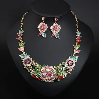 

Lady Jewelry Set European American Light Luxury Color Flower Rhinestone Clavicle Plastic Earrings Female Party Dress Accessories