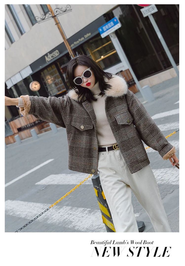 Pocket Trend Joint Elegant Fashion Casual Single Row Multi-buckle Winter Plaid Woolen Coat