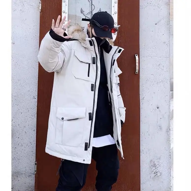 Men's White Duck Down Jacket Cargo Warm Hooded Thick Puffer Coats Couple Thermal Winter Parka Streetwear down jacket mens jacket