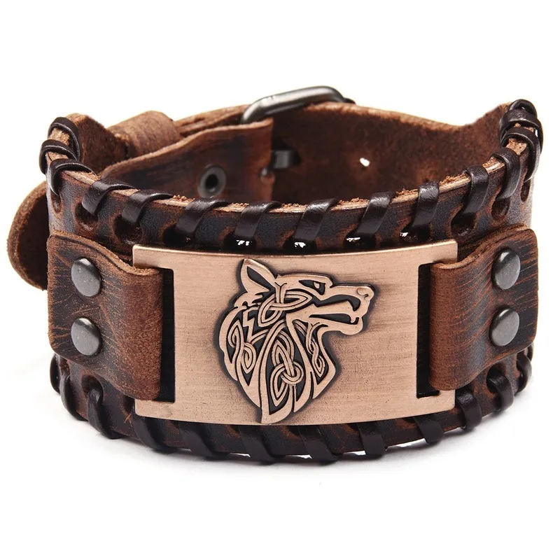 Браслет-манжета из плетеной веревки в стиле панк, браслет-браслет из натуральной кожи, мужские браслеты с волчьей головой, широкий кожаный регулируемый браслет - Окраска металла: Brown bracelet