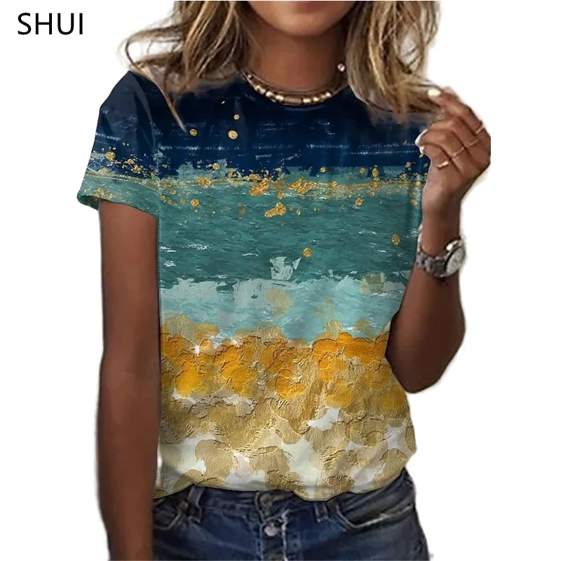 New Fashion Short-sleeved Ladies Oil Painting 3D Floral Print T-shirt Summer Round Neck Casual Loose Cute Tops Tee Shirt Femme couple t shirt