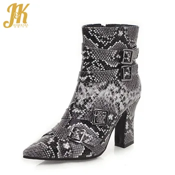 

JK Snake Skin Boots Women Buckle Ankle Booties Ladies Party High Heels Shoes Pointed Toe Shoes Female Zip Shoes Winter 2020