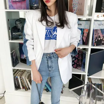 

Korean Style Women Suit Jackets 2020 Spring New Fashion Wild Ladies Jackets Striped Stitching Denim Fashon Women Clothing