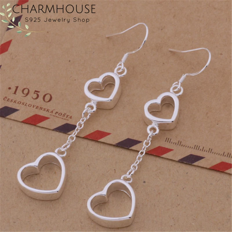 Charmhouse Pure 925 Серебряные серьги для женщин с двойным сердцем длинные сережки Brincos