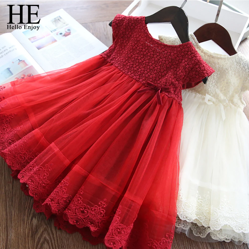 

HE Hello Enjoy Girls Dresses Fashion Girl Red Dress Lace Floral Design Dresses For Toddler Kids Casual Wear Children Clothing