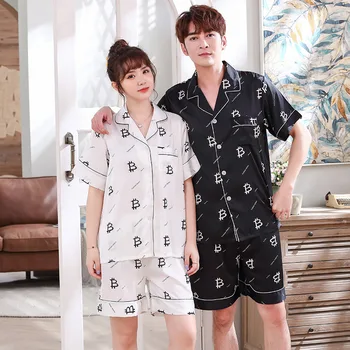 

2020 Summer New Style Couples Imitated Silk Pajamas Printed Letter Short Sleeve Shorts Men and Women Home Wear Two-Piece Set
