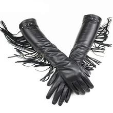 Nova moda feminina luvas de couro longo mais veludo outono e inverno manter quente cotovelo luvas de dança preto pele carneiro