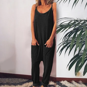 

Women Casual Solid Jumpsuits Strappy Vintage Cotton Linen Loose Harem Overalls Wide Leg Pant Lace Up Long Rompers drop