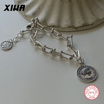

925 Sterling Silver Geometric Link Chain Elizabeth Antique Coin Bracelets for Women Adjustable Disc Charm Bracelet