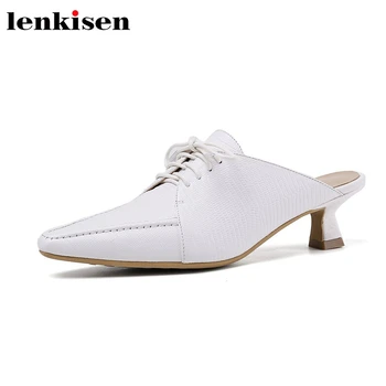 

Lenkisen 2020 european style real leather pointed toe square med heels stripe lace up slip on mules gorgeous summer sandals L35