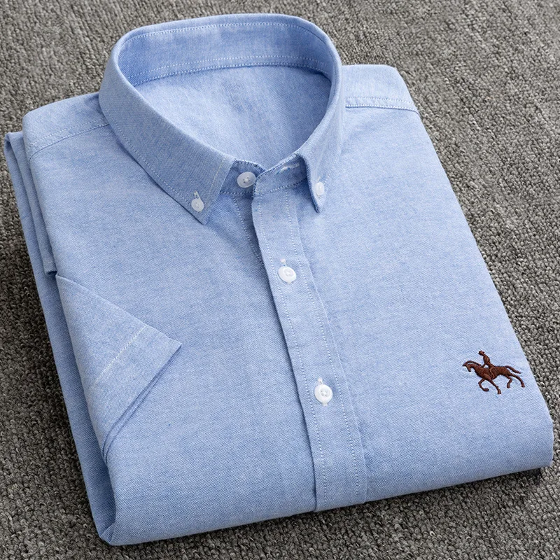 Summer 100% Cotton Oxford Men's Short Sleeve Embroidered Horse Casual Solid Dress Shirts Plus Size 5XL 6XL cotton shirt men casual shirt