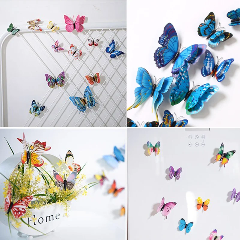 12PCS 3D Double-layer Simulation Butterfly Wall Sticker Refrigerator Magnet Wall Sticker Kids Baby Rooms Kitchen Home Decor