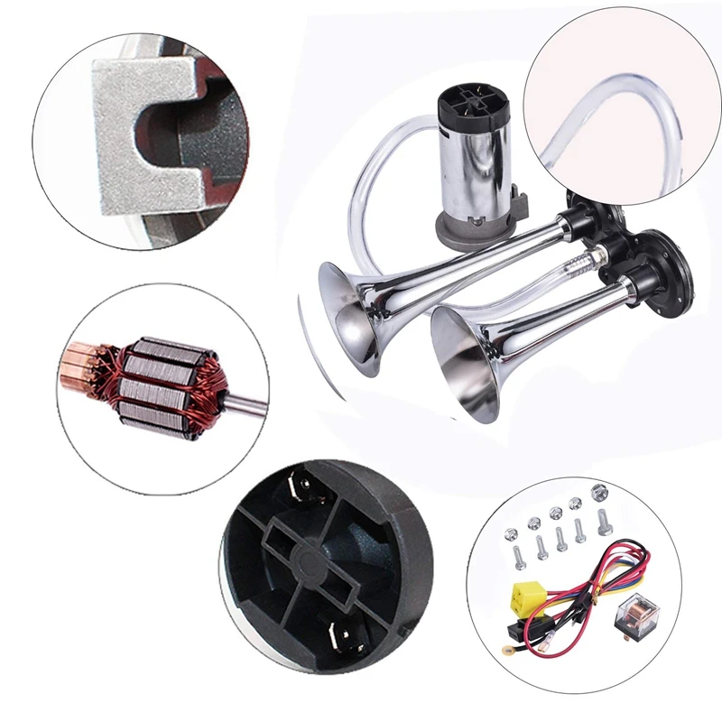 150DB Car Air Horn Kit, Super Loud Twin Tone Chrome Plated Zinc Dual Trumpet Air Horn with Compressor for Any 12V Vehicles Car T