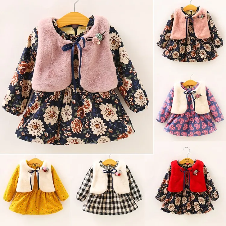 

Baby Girls plus Velvet Floral Skirt + Imitation Fur Waistcoat Two-Piece Autumn & Winter Girls' Skirt Set Infants Clothes