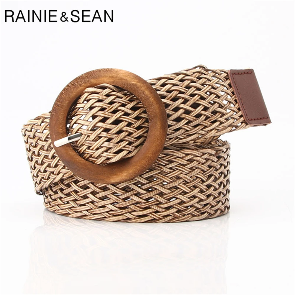 RAINIE SEAN Pu Leather Knitted Women Belt Vintage Ladies Belts for Dresses Ethnic Style Khaki Black Brown Female Waist Belt