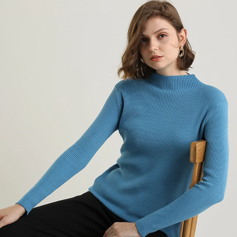 Осенний женский свитер, пуловер с круглым вырезом, зимний теплый вязаный свитер с длинными рукавами, повседневный тонкий трикотаж, Стрейчевые женские свитера - Цвет: Lake Blue