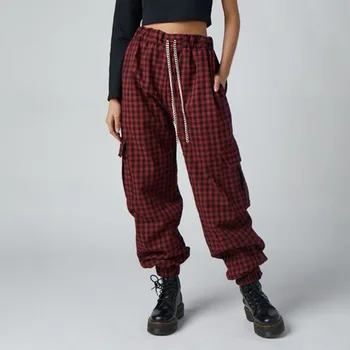 

Cool Streetwear Plaid Chains Harem Pants Women High Waist Pants Pockets Long Trousers Women Casual Loose Pantalones Women Pants
