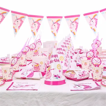 

Birthday Party Baby Shower Pink Unicorn Theme Disposable Party Tableware Paper Plates Cup Flag Banner Napkins Decor Supplies