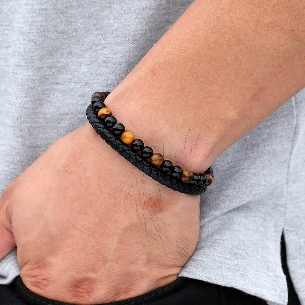 Leather Bracelet TYO Men Natural Stone Beads Double Layer Stainless Steel Magnetic Clasp