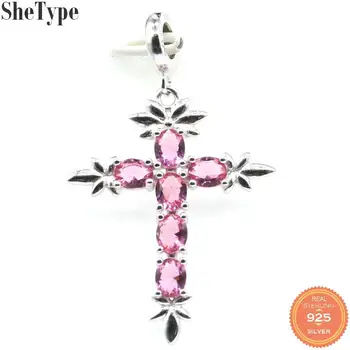 

42x22mm SheType Classic Long Cross 2.8g Created Pink Tourmaline Gift For Girls 925 Sterling Silver Pendant