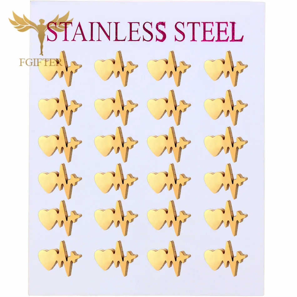 Сережки сердечки Романтический ЭКГ сердце серьги-гвоздики оптом 12 пар один набор серьги из нержавеющей стали ювелирные изделия пирсинг серьги