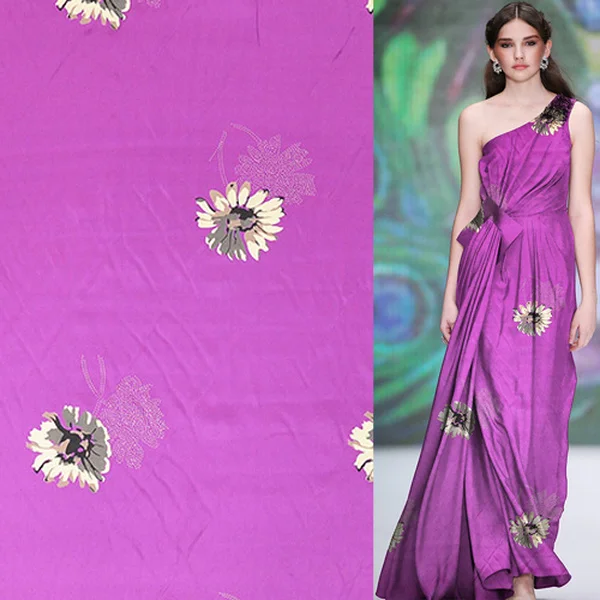 

Floral on purple bottom silk and cotton satin fabric very smooth and soft,SCT588