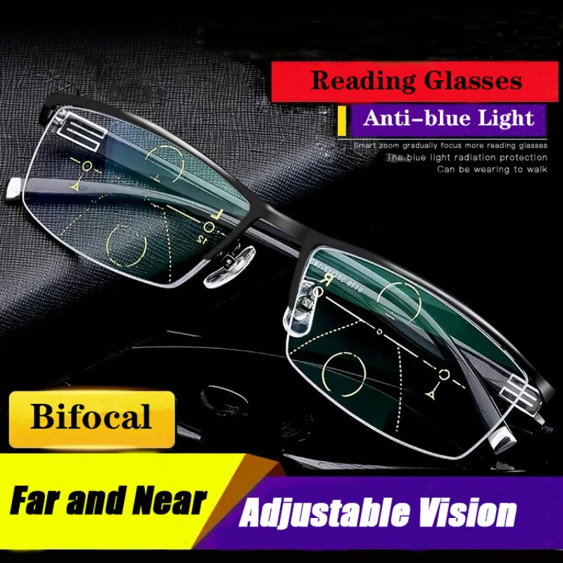 Men's Bifocal distance and near reading glasses Multi focus automatic adjustment degree Anti Blu ray Presbyopia Glasses