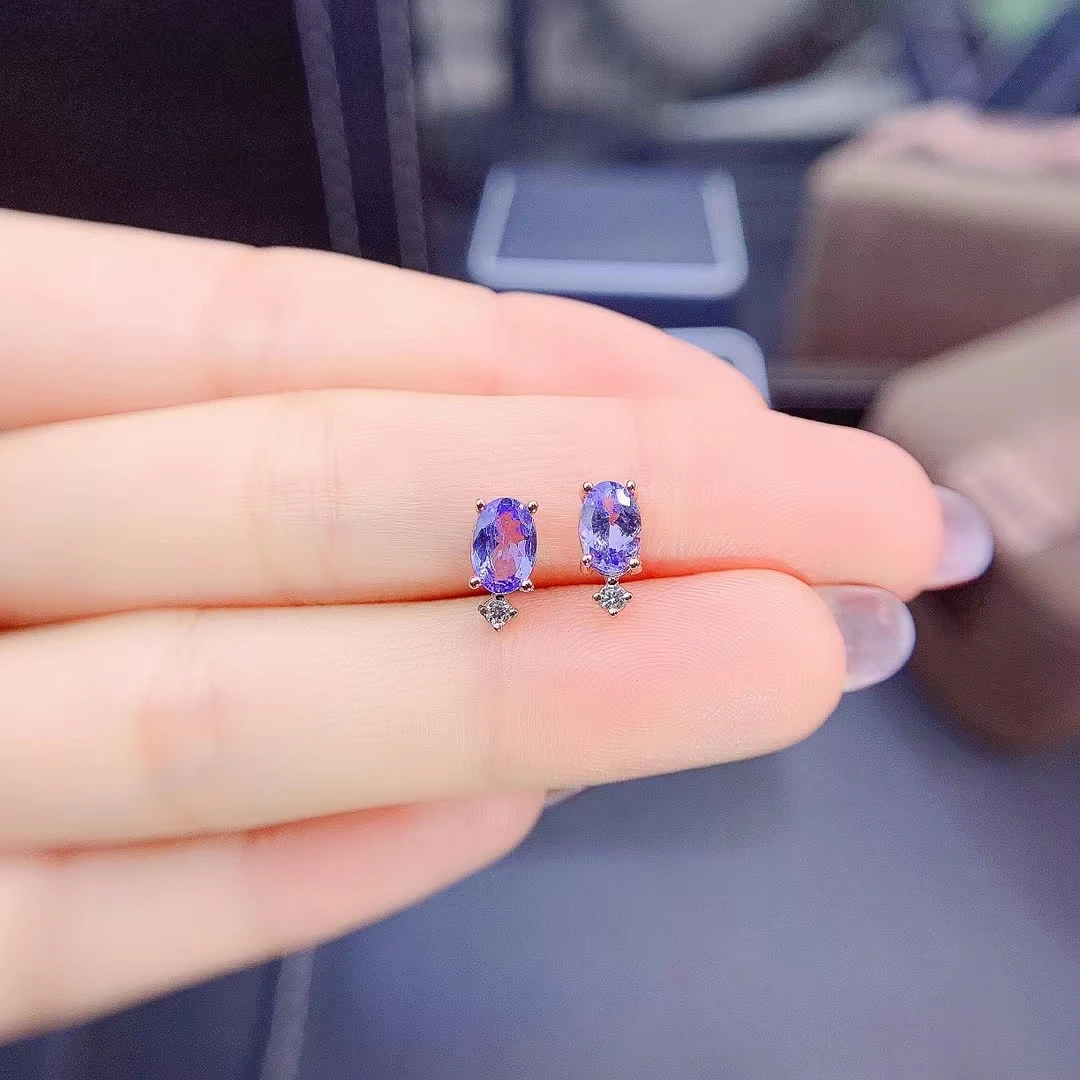 Fine Jewelry 925 Sterling Silver Inset With Natural Gem Women's Luxury Vintage Oval Tanzanite Earrings Ear Stud Support Detectio