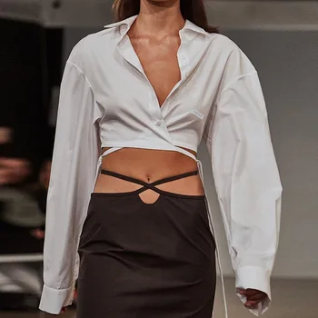 

Chic Sexy White Short Blouse Women Shirt Unique Design Long Sleeve Casual Blouses Autumn Spring Blouse Streetwear Crop Tops